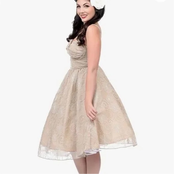 NWT STOP STARING! ‘Darla’ Pin-up Style Taupe Embroidered Lace Swing Dress XS - Picture 4 of 9